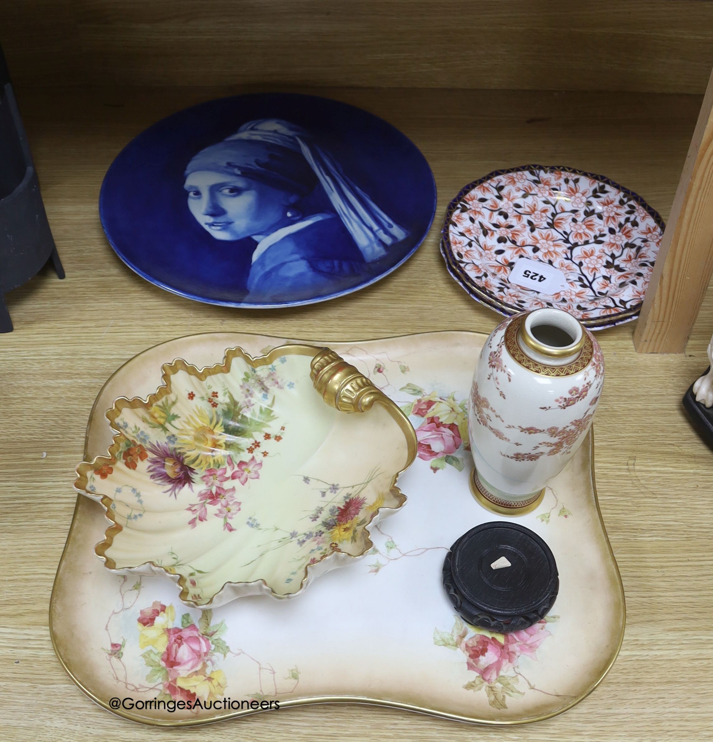 A Doulton tray, a Royal Worcester blush shell dish, 22cm, a Dutch charger and Satsuma vase and two Derby plates